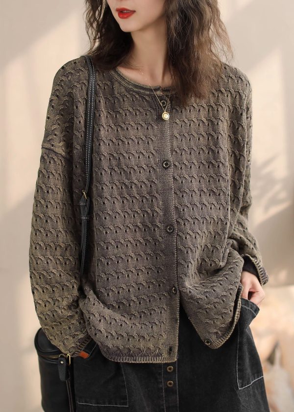 Plus Size Khaki O Neck Button Knit Cardigans Spring Sale - Image 2