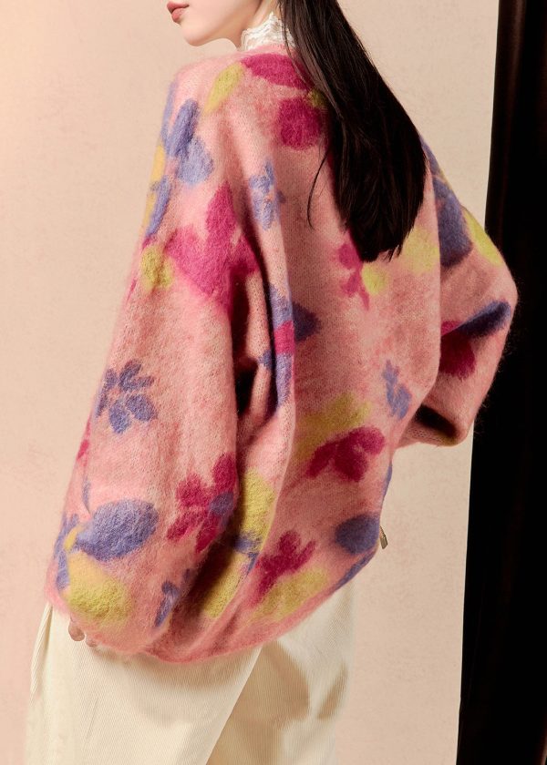 Stylish Pink V Neck Button Print Knit Cardigans Winter Fashion - Image 5