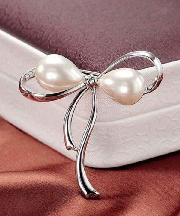 Stylish Silk Stainless Steel Pearl Bow Brooch For Discount - Image 4