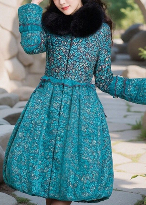 Bohemian Blue Print Ruffled Patchwork Fine Cotton Filled Coat Winter Cheap - Image 2