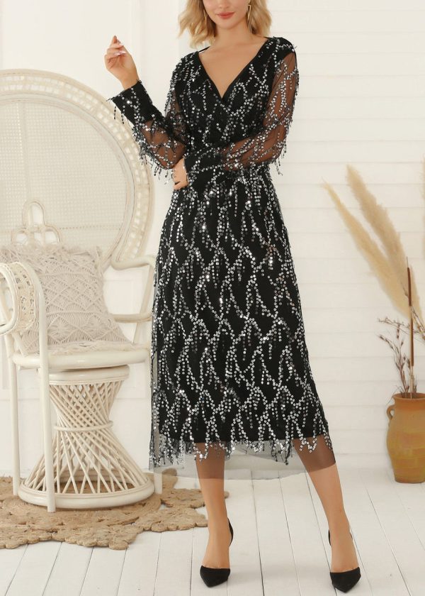 Black Sequins Lace Up Tulle Long Dress V Neck Spring Fashion