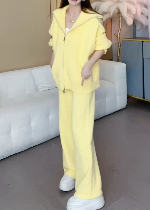 Cute Yellow Zippered Cotton Knit Coats And Wide Leg Pants Two Pieces Set Winter Hot on Sale - Image 4