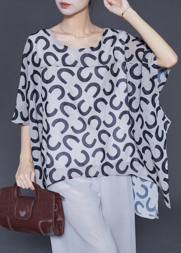 Casual White Oversized Print Chiffon Tank Tops Batwing Sleeve Cheap
