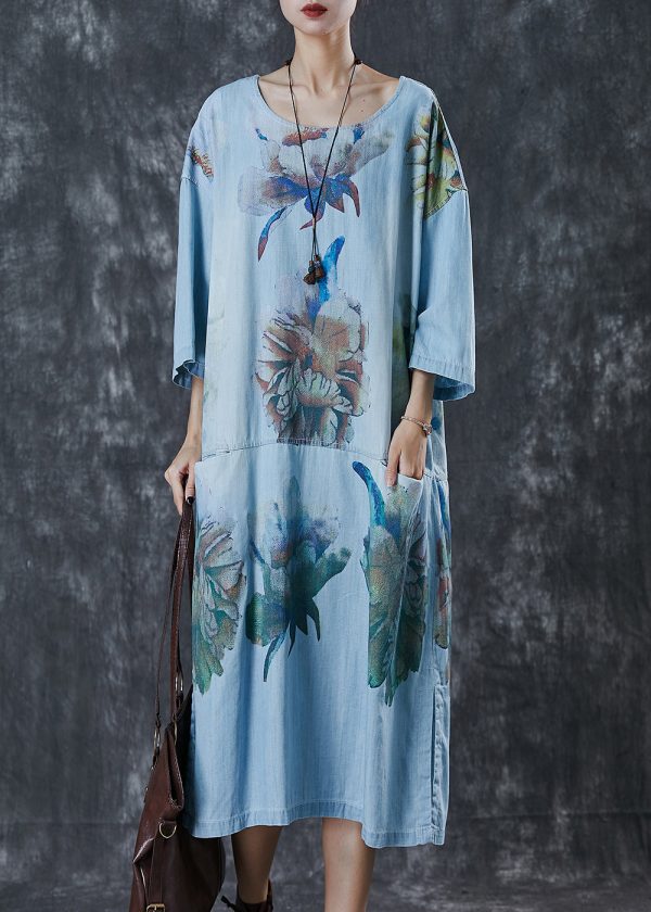 Stylish Blue Oversized Print Denim Robe Dresses Spring Online - Image 3