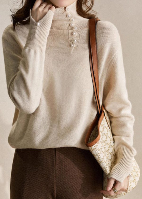 Chic Blue Turtleneck Pearl Patchwork Cozy Cotton Knit Sweater Spring Cheap - Image 4