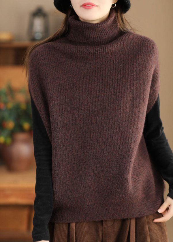 Classy Coffee Hign Neck Woolen Vest Tops Sleeveless Online Sale