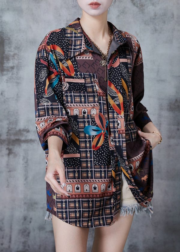 Chic Chocolate Character Print Chiffon Shirts Spring For Discount