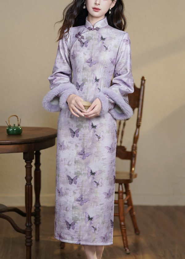 Art Purple Stand Collar Butterfly Side Open Warm Fleece Long Dresses Winter Online Hot Sale - Image 4