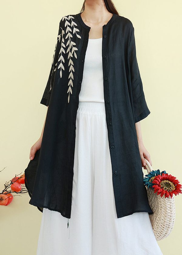 Beautiful Black Embroidered Linen Shirt Dresses Summer Cheap - Image 2