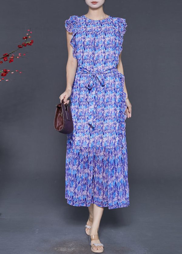 Natural Blue Ruffled Print Chiffon Vacation Dresses Sleeveless Online now - Image 3