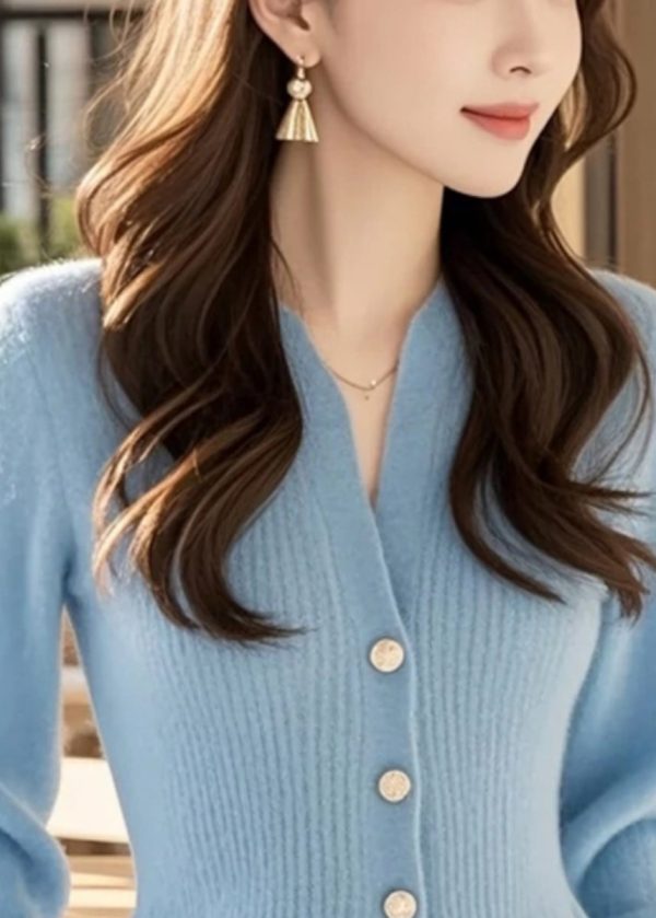 Stylish Blue V Neck Button Solid Knit Sweater Spring For Discount - Image 3