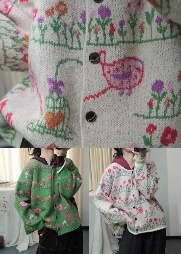 Bohemian Green O Neck Print Loose Knit Cardigans Spring Fashion - Image 5
