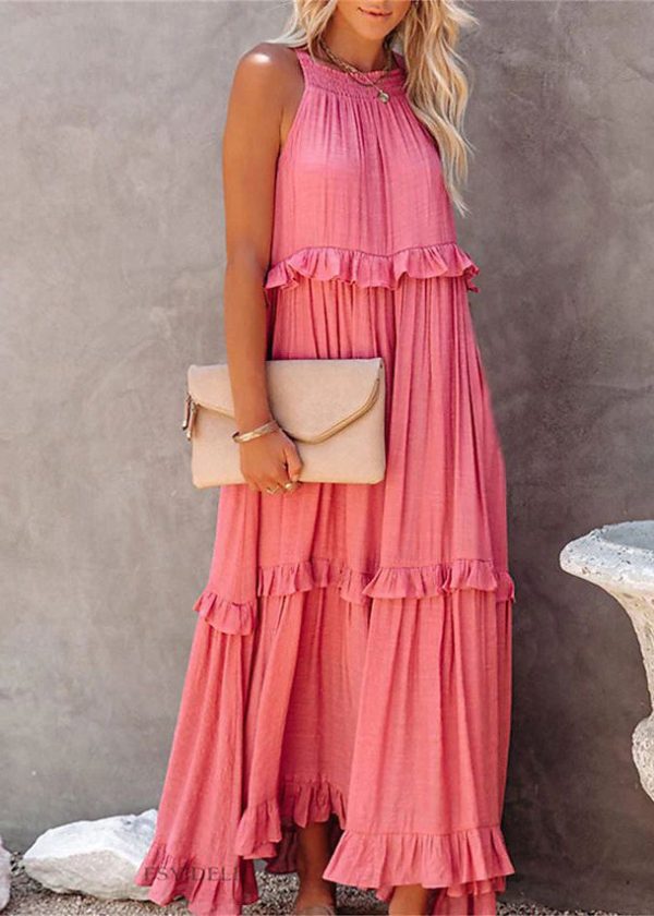 New Pink Ruffled Lace Up Cotton Long Dresses Sleeveless on Sale