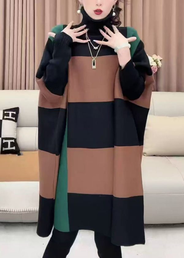 Loose Striped Turtleneck Patchwork Knit Sweater Batwing Sleeve Online Sale - Image 3