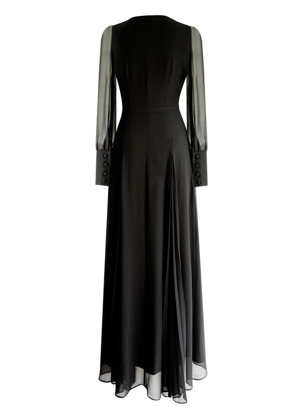 Art Black V Neck Slim Fit Silk Long Dress Spring Hot on Sale - Image 5