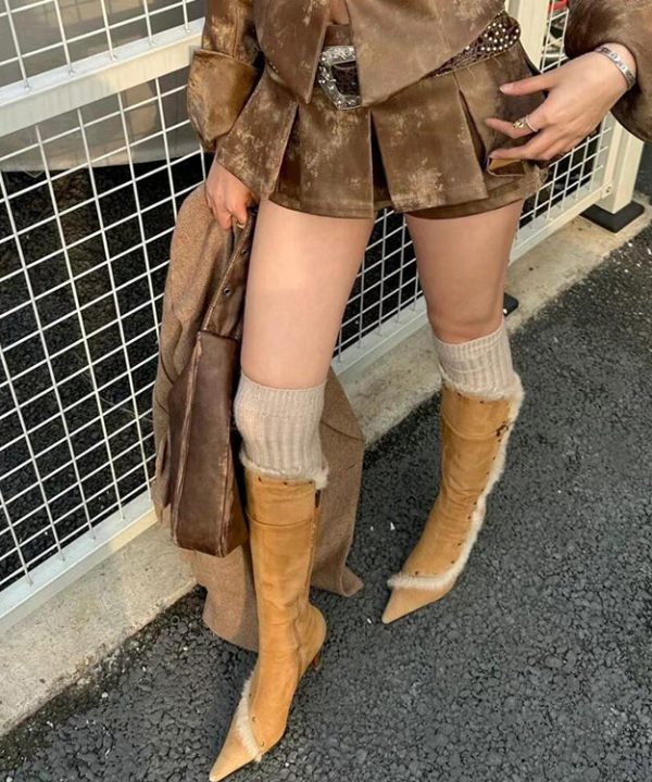 Fine Splicing Stiletto Boots Yellow Suede Fuzzy Wool Lined Pointed Toe For Sale - Image 4