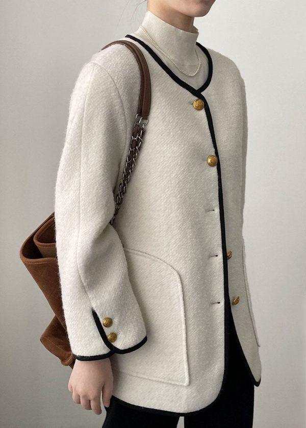 Elegant White Pockets Patchwork Woolen Coat Long Sleeve on Sale - Image 3