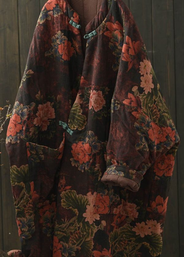 Boho Red Pockets Print Oriental Button Fine Cotton Filled Coat Winter Online Hot Sale - Image 4