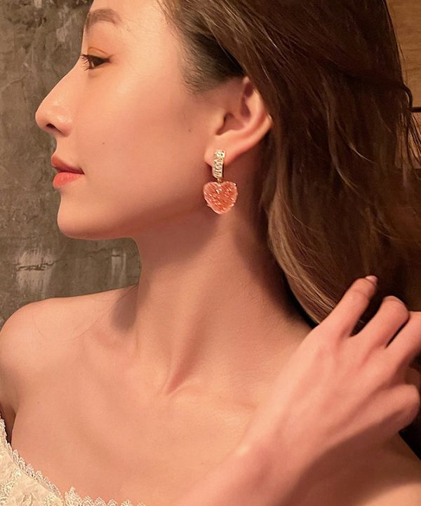Cute Pink Copper Alloy Peach Heart Drop Earrings on Sale - Image 2