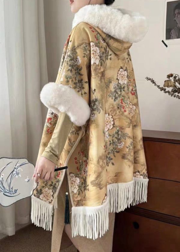 Art Yellow Fur Collar Print Side Open Warm Fleece Coats Winter on Sale - Image 4