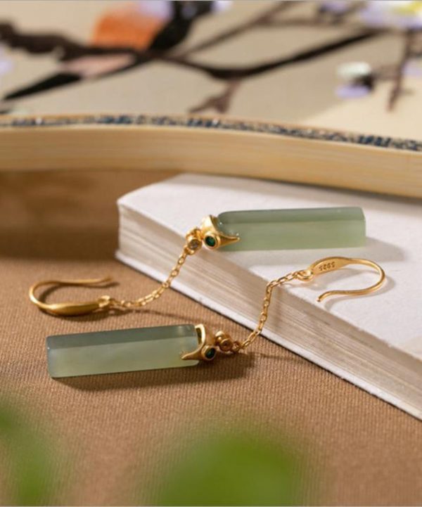 Skinny Gold Sterling Silver Overgild Jade Rectangular Drop Earrings Discount - Image 4