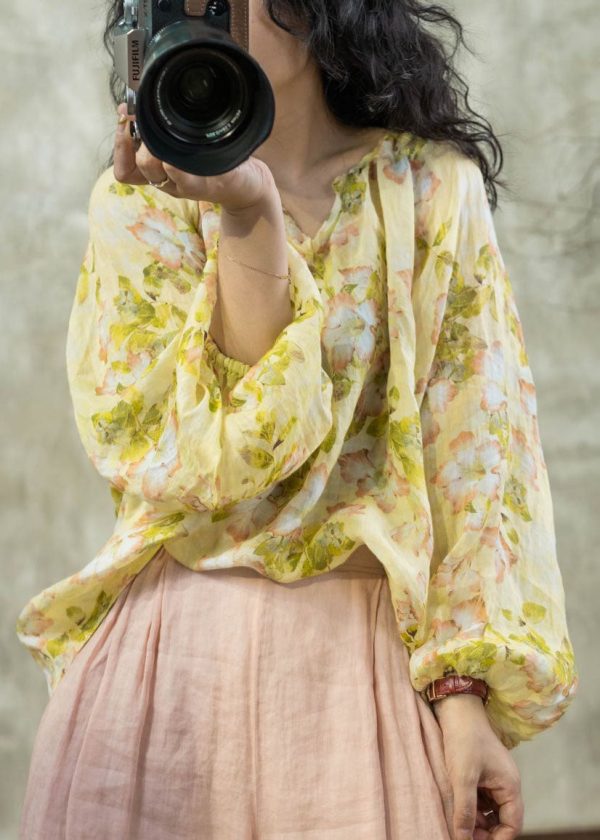 Women Yellow O Neck Print Linen Shirt Tops Lantern Sleeve For Cheap - Image 5