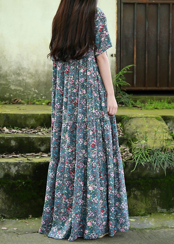 Bohemian Blue O Neck Print Patchwork Cotton Maxi Dress Summer Online - Image 5