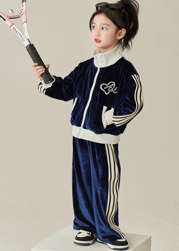 Casual Black Stand Collar Silk Velour Kids Coats And Pants Two Pieces Set Spring Sale - Image 2