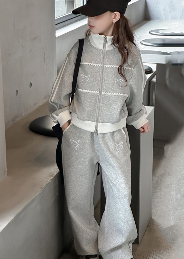 Boutique Grey Stand Collar Patchwork Girls Coats And Wide Leg Pants Two Pieces Sets Spring Online Hot Sale