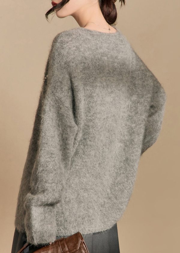 Loose Grey O Neck Pearl Cotton Knit Sweaters Winter Supply - Image 5