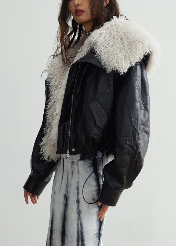 Bohemian Black Fur Collar Patchwork Detachable PU Jacket Winter Cheap - Image 3