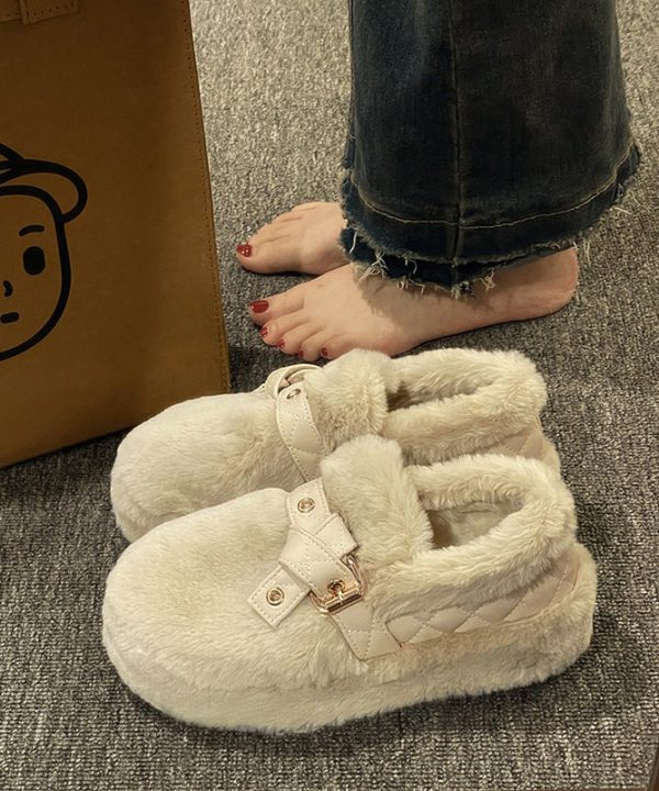 Black Fuzzy Wool Lined Platform Stylish Splicing Flat Shoes Supply - Image 4