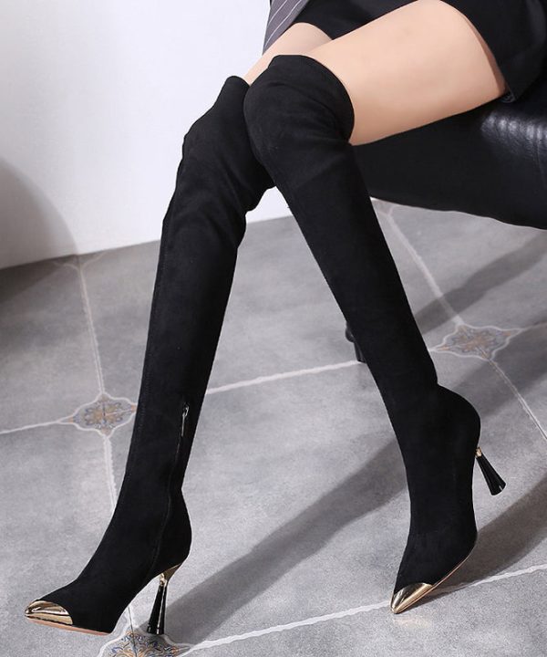 Black Stiletto Faux Leather Stylish Splicing Knee Boots Online Hot Sale - Image 3