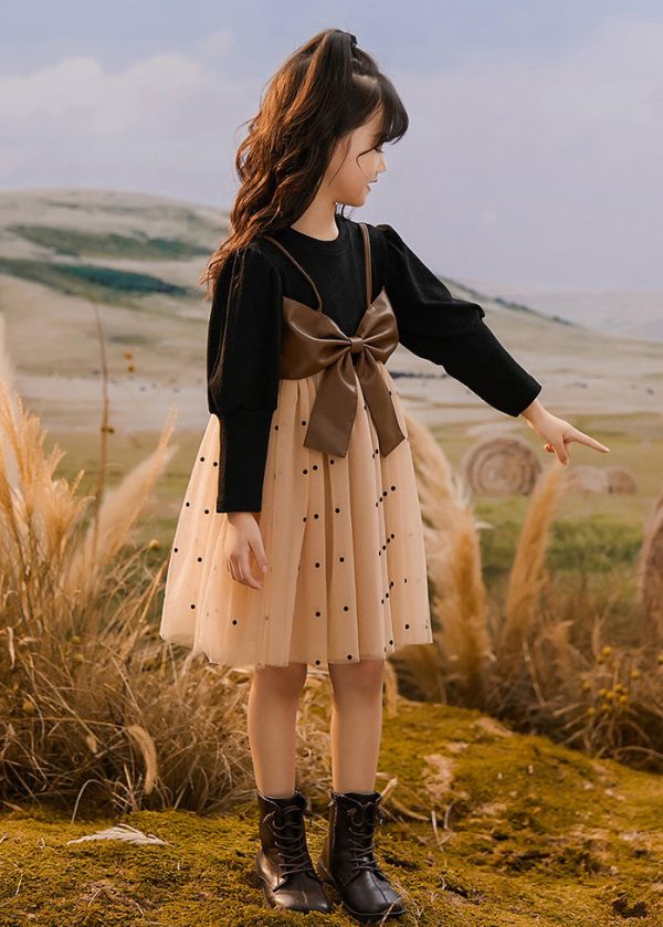 Fashion Colorblock O-Neck Bow Dot Patchwork Tulle Kids Vacation Maxi Dresses Spring Supply - Image 4