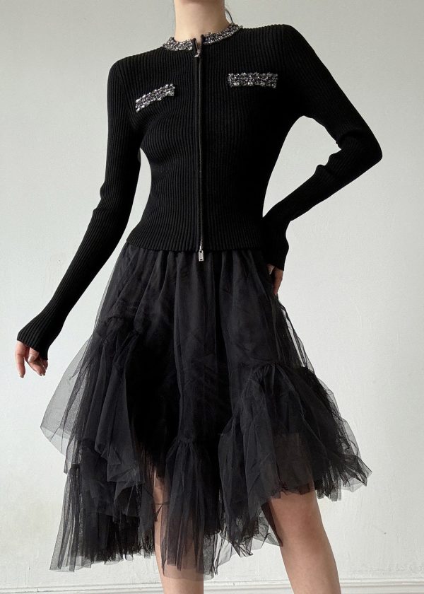 Stylish Black O-Neck Zip Up Zircon Wool Cardigans Spring Online now - Image 5