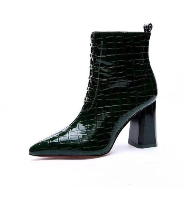 Classy Grey Zippered Splicing Chunky Heel Boots Pointed Toe Cheap - Image 5