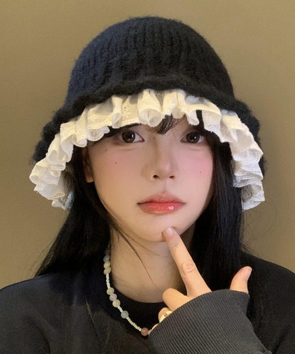 Fashion Black Lace Patchwork Knit Bucket Hat Fashion - Image 3