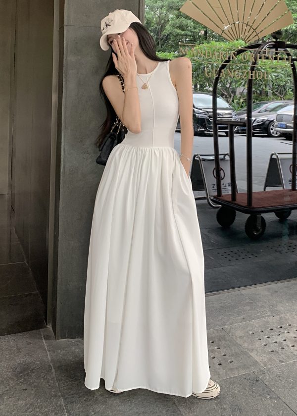 Silm Fit White Patchwork Cotton Holiday Dress Sleeveless Fashion