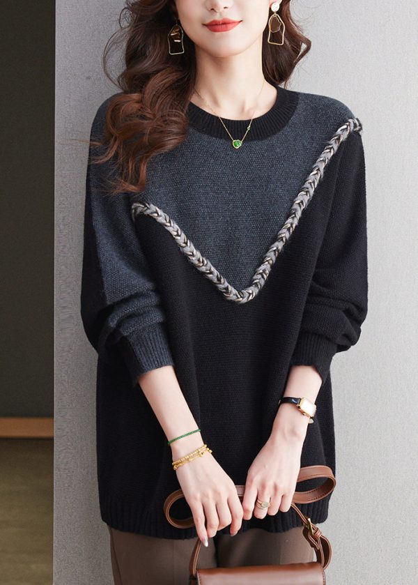 Casual Black O Neck Patchwork Woolen Knit Sweaters Spring Online now - Image 3