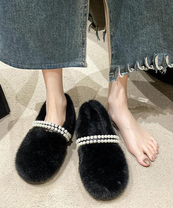 Stylish Beige Fuzzy fur Nail Bead Splicing Flat Feet Shoes Hot on Sale - Image 2