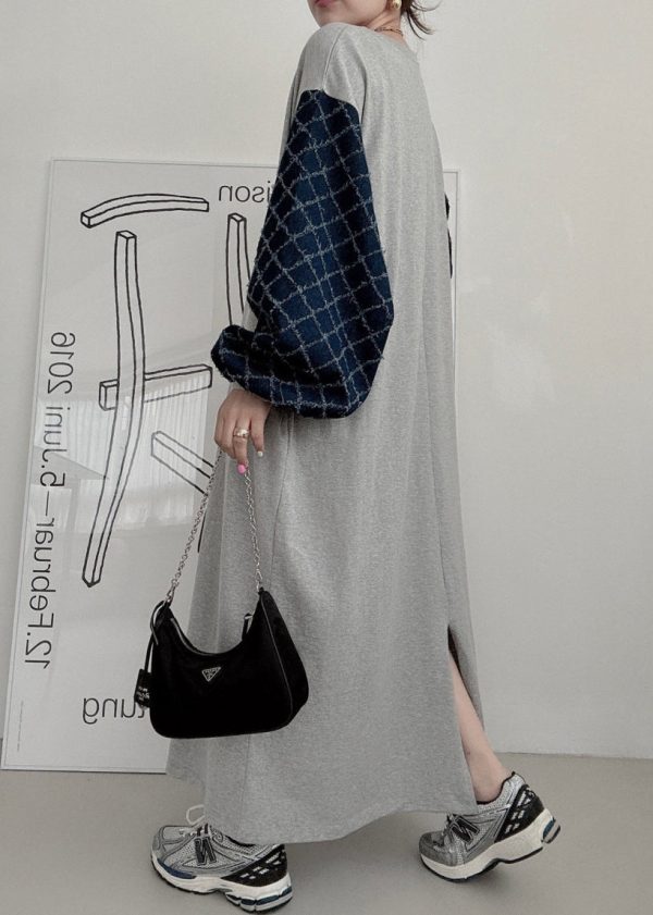 Casual Grey Oversized Patchwork Cotton Sweatshirt Dress Lantern Sleeve Hot on Sale - Image 5