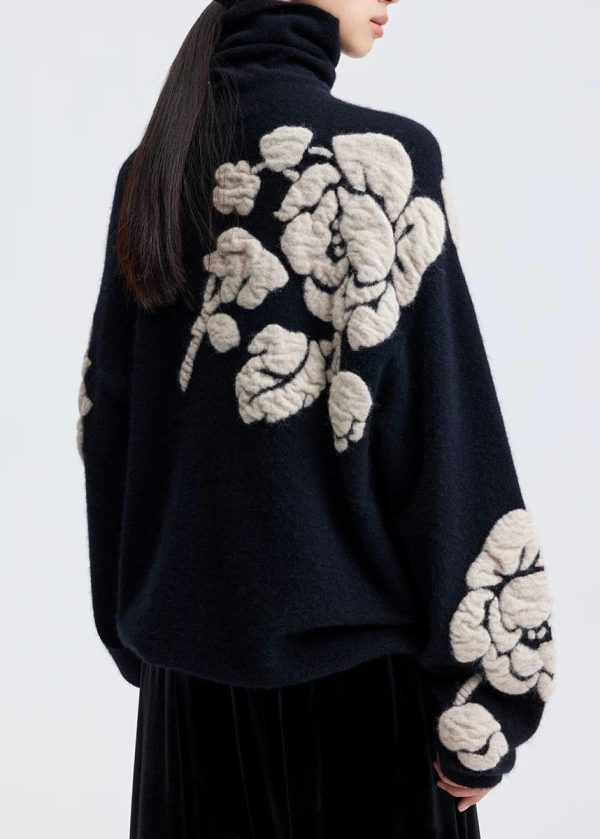 Jacquard Black Turtleneck Floral Wool Knit Sweaters Winter For Cheap - Image 4