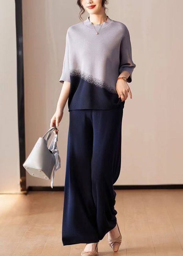 Classy Navy Tops And Pants Ice Silk Two Pieces Set Spring Online Sale