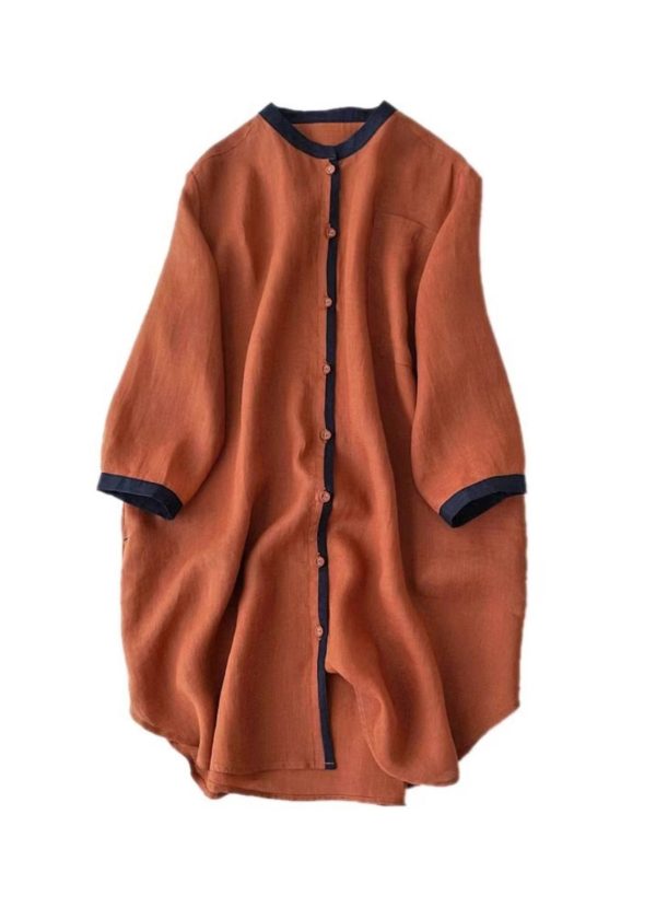 Casual Caramel Stand Collar Button  Linen Shirt Tops Bracelet Sleeve Online Sale - Image 5