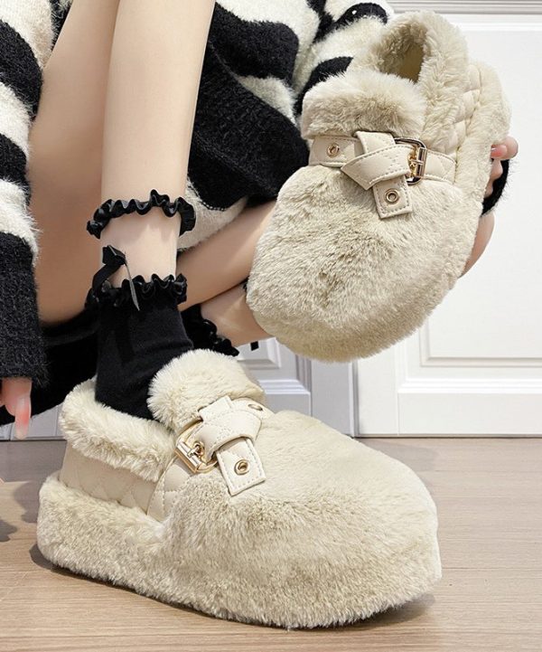 Black Fuzzy Wool Lined Platform Stylish Splicing Flat Shoes Supply - Image 2