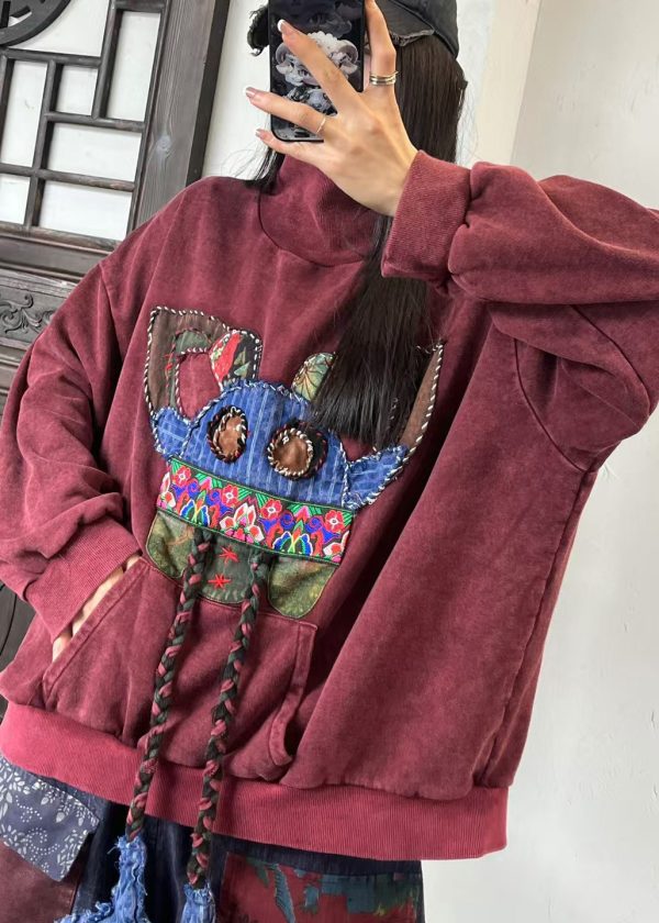 Bohemian Mulberry Hign Neck Embroidered Cotton Sweatshirts Spring For Discount