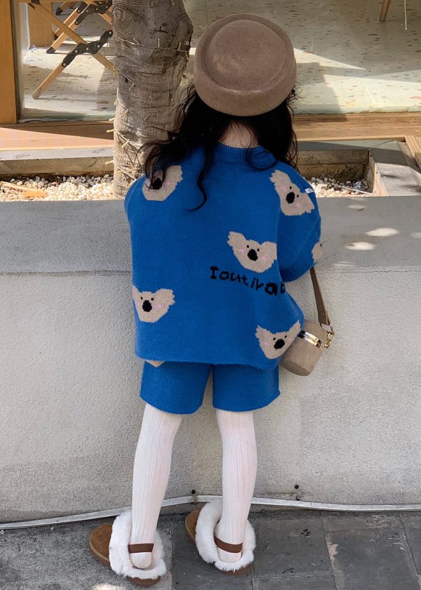 Art Blue Print Cotton Knit Girls Sweatshirt And Shorts Two Pieces Set Winter For Discount - Image 5