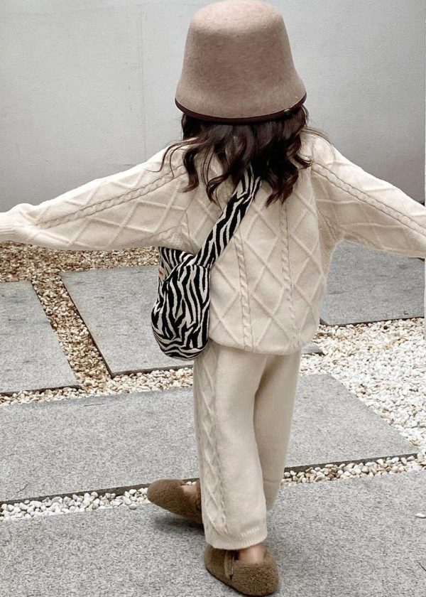 Simple Beige O-Neck Kids Knitted Cotton Sweaters And Pants Two Pieces Set Spring Online now - Image 4
