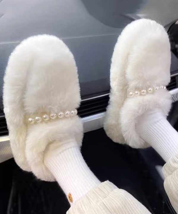 Beige Fuzzy Fur Platform Penny Loafers Fashion Splicing Nail Bead For Discount - Image 2