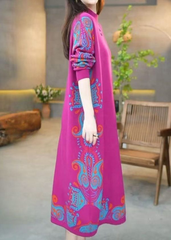 Beautiful Rose O Neck Jacquard Knit Sweater Dress Winter Online Sale - Image 5